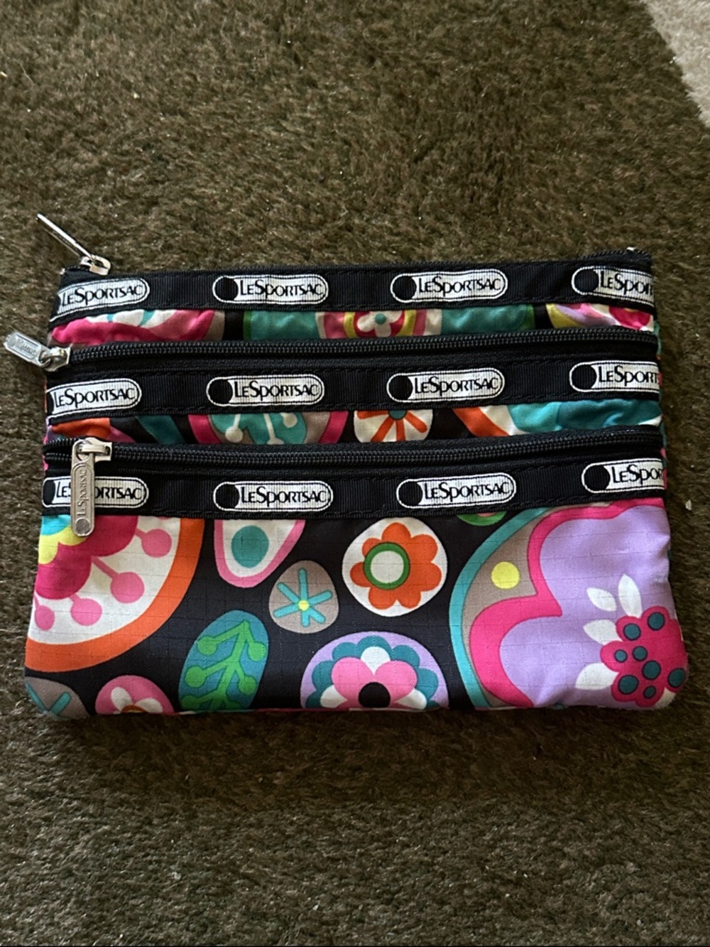 Lesportsac Black Floral Multi-Color Triple Zip Cosmetic Pouch NWOT 61/2” x 5”